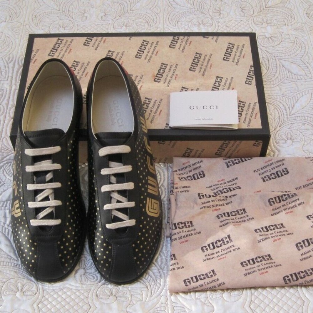 GUCCI FALACER Men black SEGA gold Stars leather Sneakers .NEW. Size 9+G-US 9.5